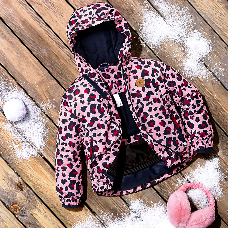 ☘️ Dívčí LYŽAŘSKÝ SET zimní bunda růžová leopardí + oteplováky vel. 110/116